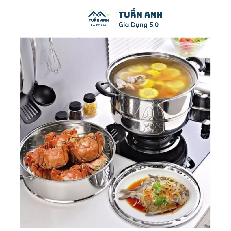 Nồi Hấp Inox 3 Tầng 28CM Tặng Kèm Xửng Hấp, Nồi Hấp Bánh Bao Bánh Flan Dùng Cho Cả Bếp Từ